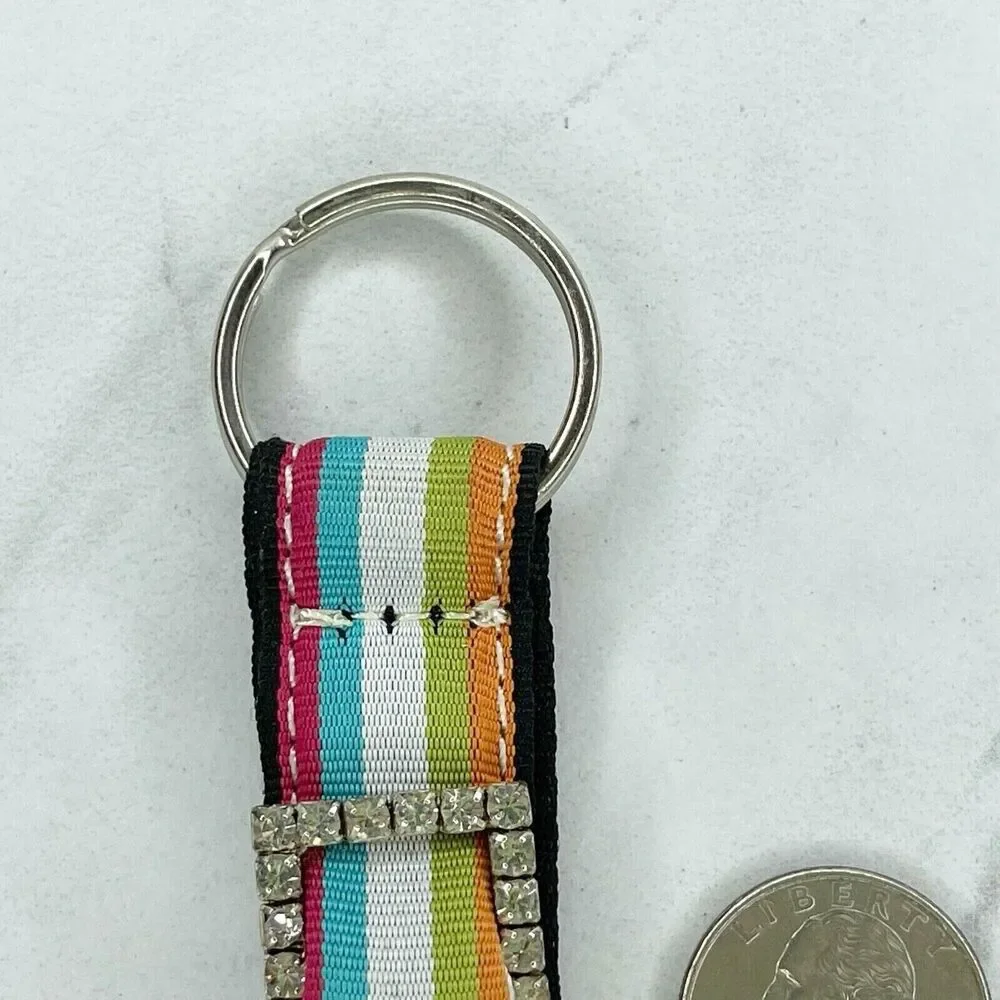Rhinestone Buckle Striped Ribbon Keychain Keyring Key Fob